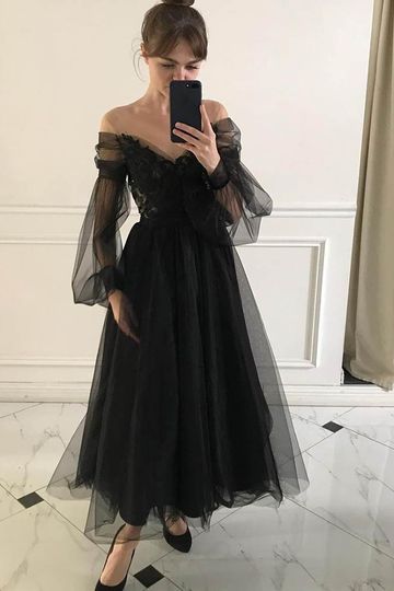 Elegant Black Off-shoulder Tulle Lace Top A-line Ankle-length Prom Dress, PD3219
