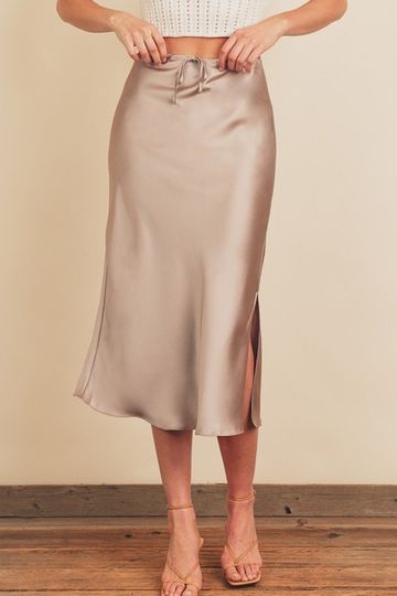 Moonbeam Satin Drawstring Midi Slip Skirt in Pewter