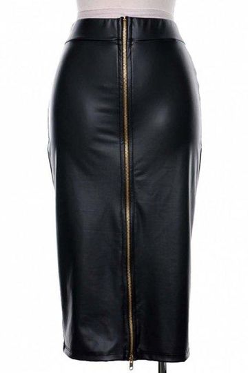 Black Leather High Waist Front Zipper Pencil Skirt Midi Skirts