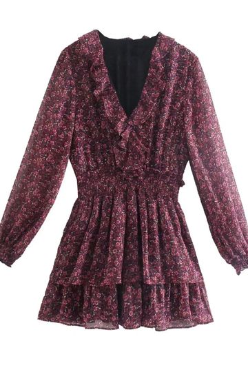 'Kammy' Red Floral Print V-Neck Mini Dress