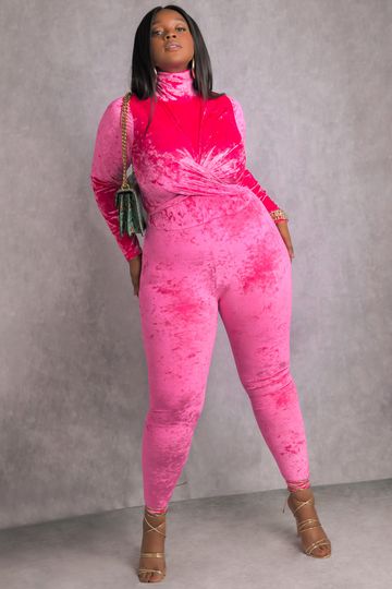 Kimmy Crushed Velvet Turtleneck Jumpsuit - Pink