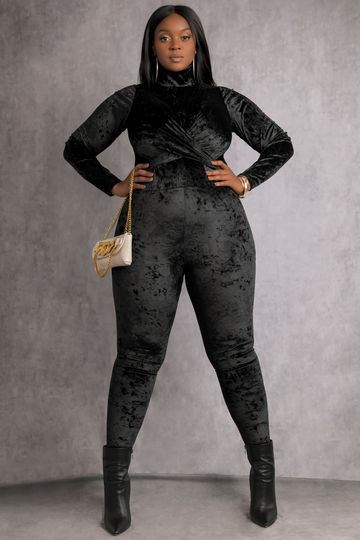 "Kimmy" Crushed Velvet Turtleneck Jumpsuit - Black