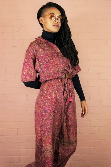Billie Jumpsuit - Vintage Indian Sari - Cerise Pink & Gold Botanical Paisley - S/M