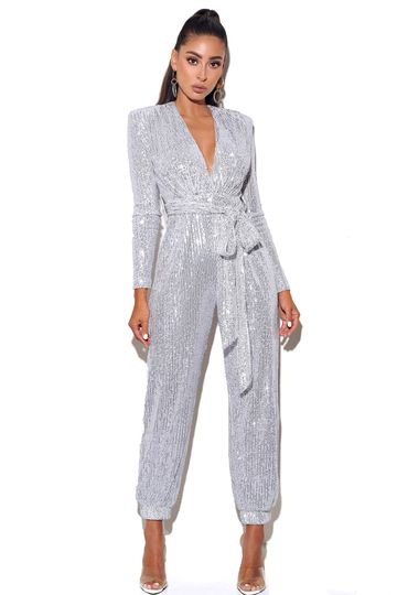 Tasha Silver Sequin Jumpsuit with Waist Tie
