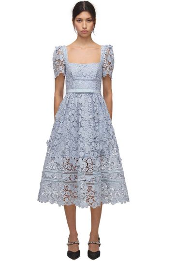 Puff Sleeve Square Neck A-Line Guipure Lace Midi Dress - Sky Blue