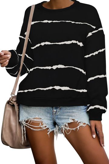Black Striped Crew Neck Drop Shoulder Pullover Sweater