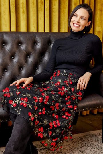 Embroidered Floral Midi Skirt - Cardinal