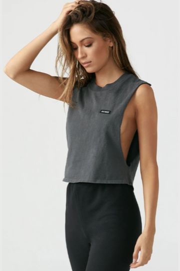 Cut Off Boyfriend Tank - Washed Black Cotton w/ Logo