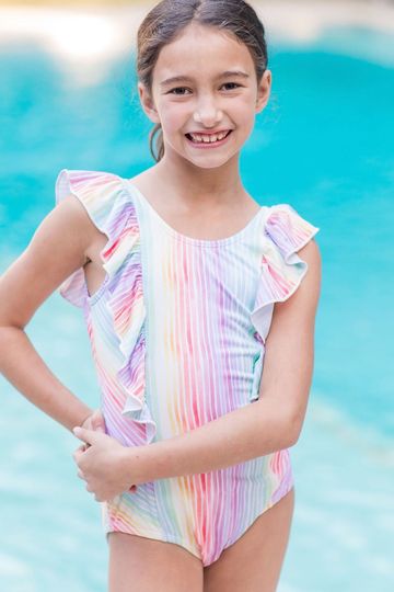 Watercolor Stripe Side Ruffle Swimsuit
