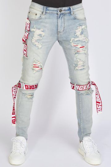 Locked & Loaded Jeans Light Wash with Red and White Straps (Lt wash/Red)
