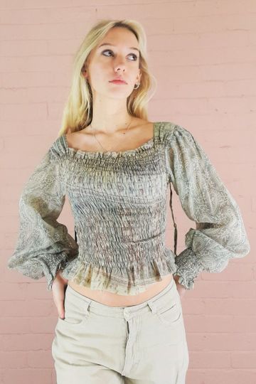 Pearl Top - Stone & Blush Floral Paisley - Vintage Indian Sari - Free Size S