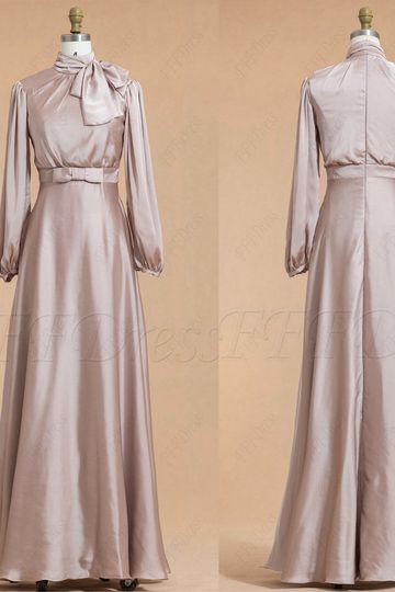 Modest Taupe Satin Bridesmaid Dresses Long Sleeves