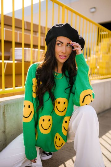 LALA ORIGINAL DESIGN: Have Fun Oversized Smiley Knit in Jade Green