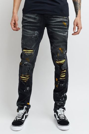 VINCENT BLACK WASHED RIPPED YELLOW PATCHED DENIM JEANS