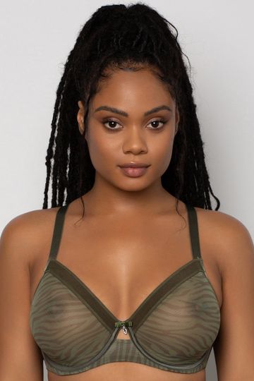 Sheer Mesh Full Coverage Unlined Underwire Bra - Olive Waves