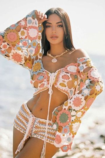 Flower Crochet Bambi Crop Top & Shorts Set Bell Sleeves Top  Striped Shorts Both With Lace Up Front Festival Set Or Beach Wear Made From Hand Crocheted Doily Flowers Small Medium Or Large