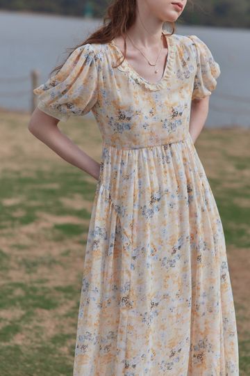 (Clearance) Lily Floral Printed Light Yellow Puff Sleeve Dress