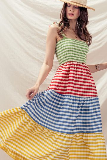 PLAID SMOCKED TIE STRAP RUFFLE TIERED DRESS