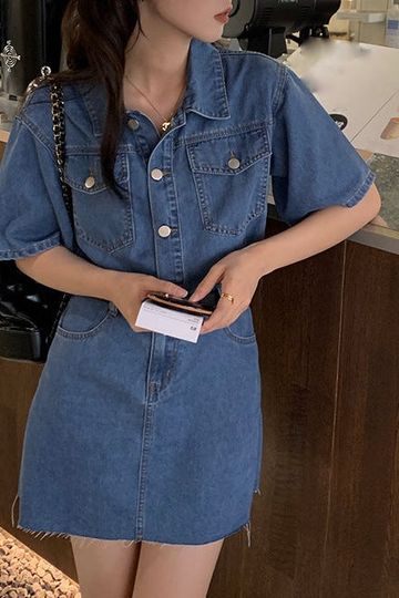 [Korean Style] Short Sleeve Denim One Piece Shirt Dress