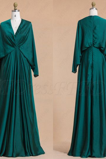 Dark emerald modest satin bridesmaid dresses long sleeves