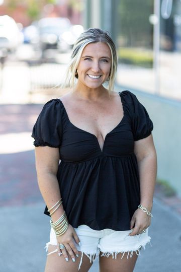 Black V-Neck Bubble Sleeve Blouse