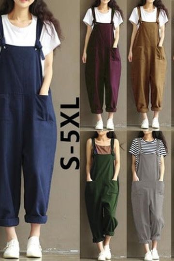 Plus Size Women Plain Loose Casual Jumpsuit Romper Cotton Linen Pocket Strap Oversize Overalls Bib Pants