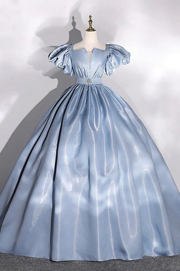 Crystal Satin Sparkly Blue Soft V-neck Princess A-line Long Prom Dress, PD3533