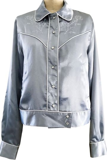 Urban Outfitters Blue Satin Embroidered Floral Western Top