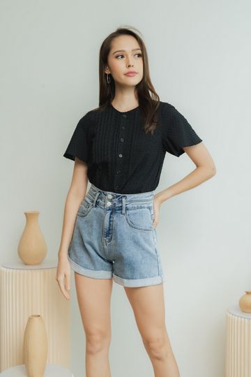 Gracie Swiss Dot Button Top in Black