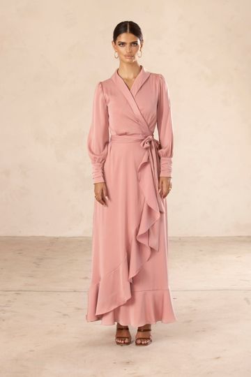 Shereen Wrap Front Satin Maxi Dress - Dusty Mauve