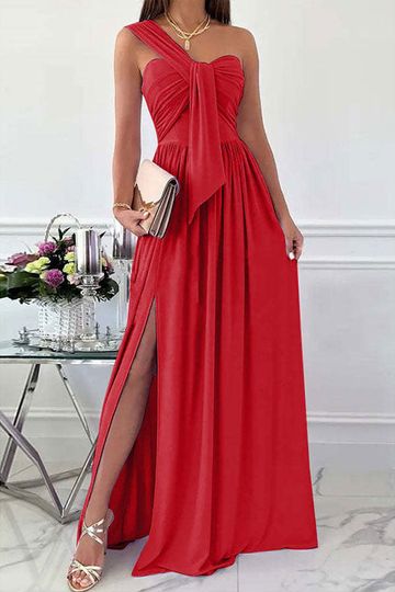 Women Solid Color Sleeveless Off The Shoulder Summer Beach Pleated Split Long Maxi Dresses