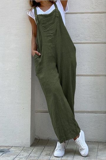 Women Solid Color Loose Casual Strap Pocket Sleeveless Jumpsuit Overalls Bib Long Pants Trousers