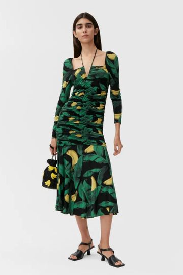 Ganni Printed Draped Jersey Gathered Midi Dress - Black