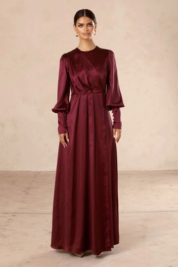 Madison Pleated Overlay Satin Maxi Dress - Burgundy