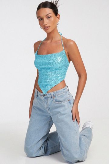 Motel Rocks Katida Crop Top - Drape Sequin Blue