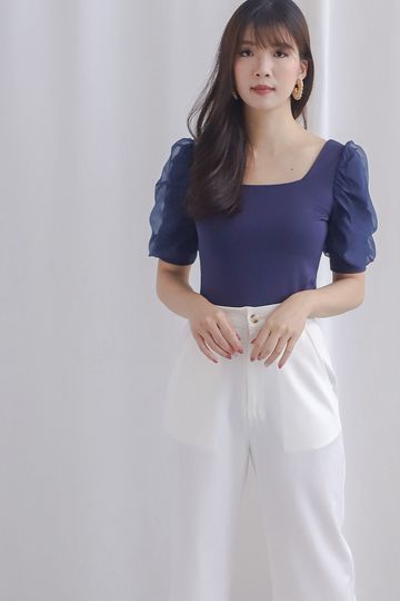 *Premium* Sue Mesh Gather Sleeve Top In Navy Blue