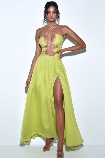 Quinby Lemon Silk Pleated Lace Up Maxi Dress