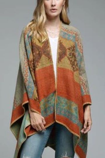 Ruana Rust Turquoise Golden Aztec Poncho Wrap Native Blanket Scarf Faux Cashmere Tribal Print Warm Cotton One Size