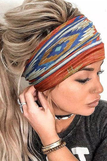Aztec Headband Rust Blue Golden Tribal Print Hairwrap Boho Wide Stretch Hair Band Southwestern Dread Wrap