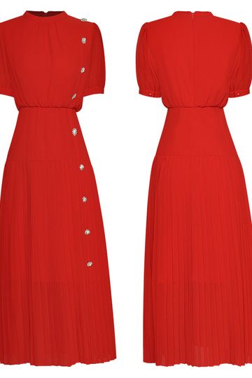 High-neck Puff sleeve Diamonds Buttons Pleated Midi Dress