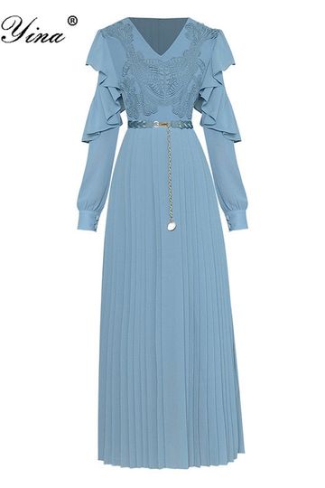 V-Neck Ruffles Embroidery Sashes Elegant Pleated Midi Dress