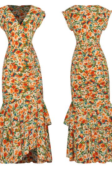 Floral Print V-neck Ruffles Short-sleeve Floral Mermaid Midi Dress