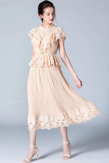 Apricot Stand collar Ruffles Hollow-out Pleated Vintage Party Midi Dress
