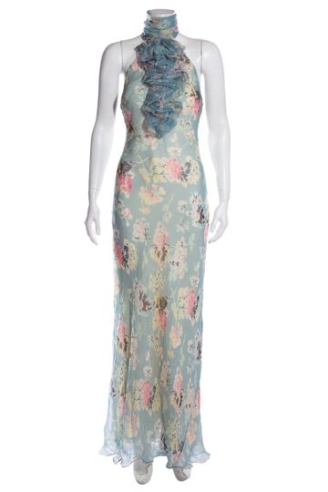 Ralph Lauren Collection Blue Floral Silk Ruffle Dress SZ 4