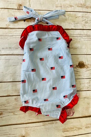 Girls Blue Stripe Flag Swim One Piece