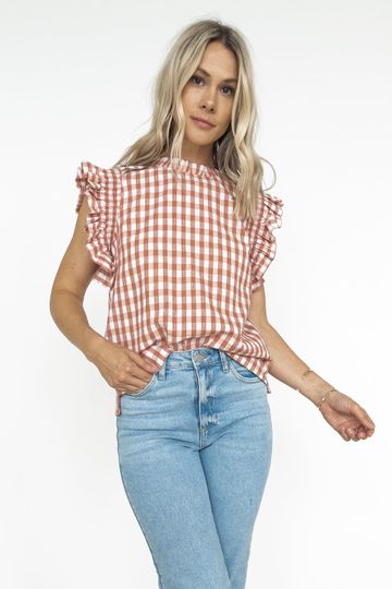 Sweeten Me Up Gingham Print Ruffle Cap Sleeve Top - MAUVE