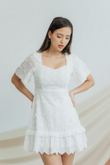 Megan 3D Floral Embroidery Dress in White