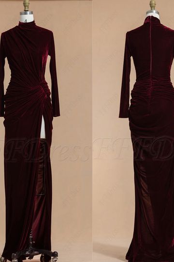 Dark burgundy modest velvet bridesmaid dresses long sleeves with slit formal dresses