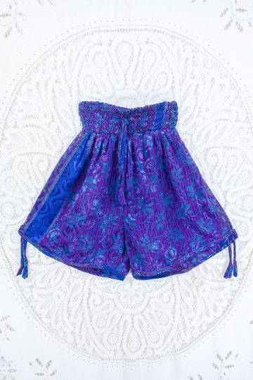 Pippa Shorts - Indigo, Juniper & Rouge Pinstripe Shimmer - Vintage Indian Sari - M/L