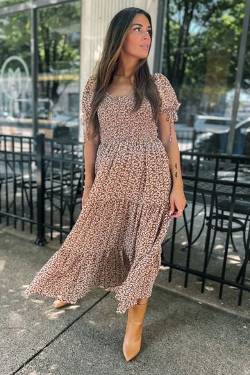 Autumn Escape Floral Smocked Tiered Midi Dress - BROWN